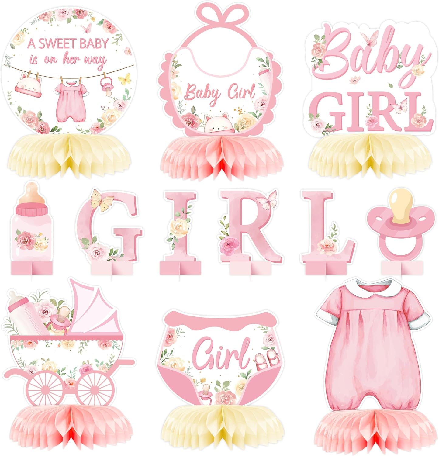 ANGOLIO 12Pcs Floral Sweet Baby Shower Party Honeycomb Centerpieces Sweet Baby Is On Her Way Baby Girl Party Table Decoration Pink Floral Girl Decor for Baptism Gender Reveal Summer Birthday Supplies