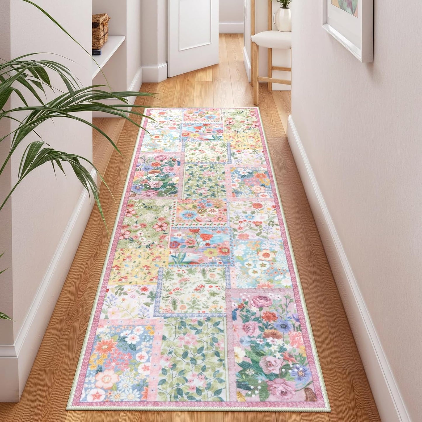 LIVEBOX Pink 2 x 6 Runner Rug for Hallways, Patchwork Washable Rug for Bedroom, Non Slip Pink Runner Rugs for Entryway Bathroom Hardwood Floor 6ft, Neutral Low Pile Kitchen Floor Rugs