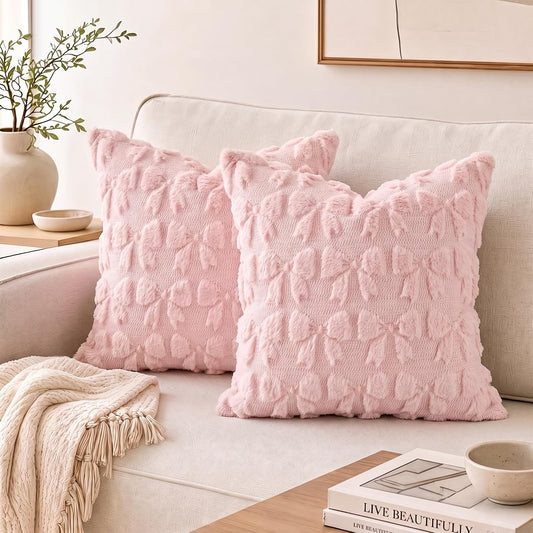AVOIN colorlife Pink Bow Throw Pillow Covers Set of 2, 18 x 18 Inch Coquette Aesthetic Room Decor Soft Plush Faux Fur Cushion Case for Girls Room