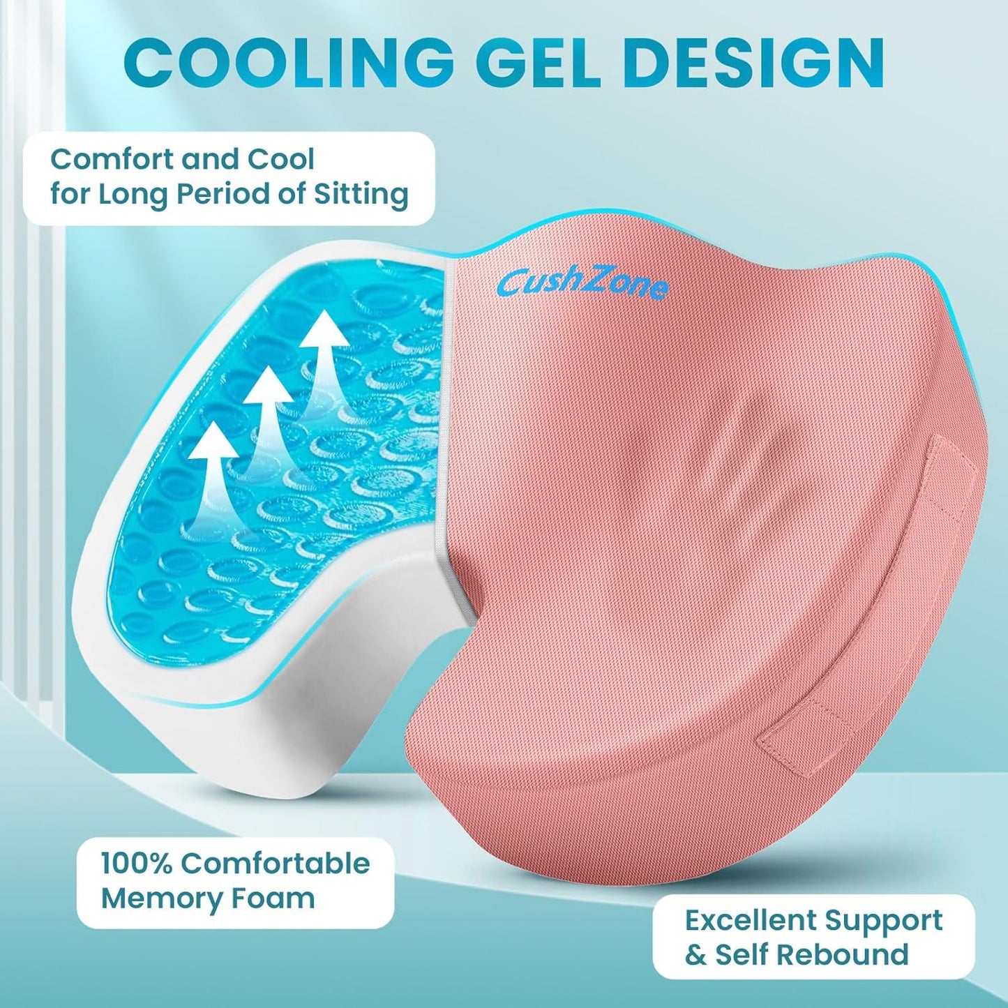 Office Chair Seat Cushion, Cooling Gel Enhanced Memory Foam Cushion for Long Sitting - Back, Sciatica, Coccyx, Tailbone Pain Relief Pillow - for Office, Gaming, Car, Wheelchair - Pink, Large