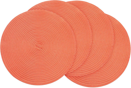 Floroom 15 Inch Round Braided Placemats Set of 4, Washable Heat Resistant Cotton Polyester Circle Place Mats for Kitchen Dining Table - Coral Orange