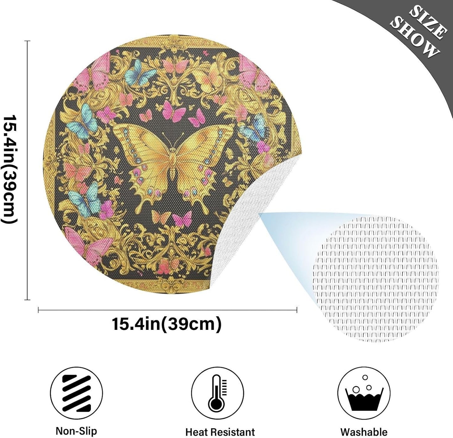 Retro Butterflies Pattern Gold and Peach Place mat Round Reusable placemats Washable Cloth placemats Plates mats Waterproof Table Runner placemats 6 for Non Slip 15.4x15.4in