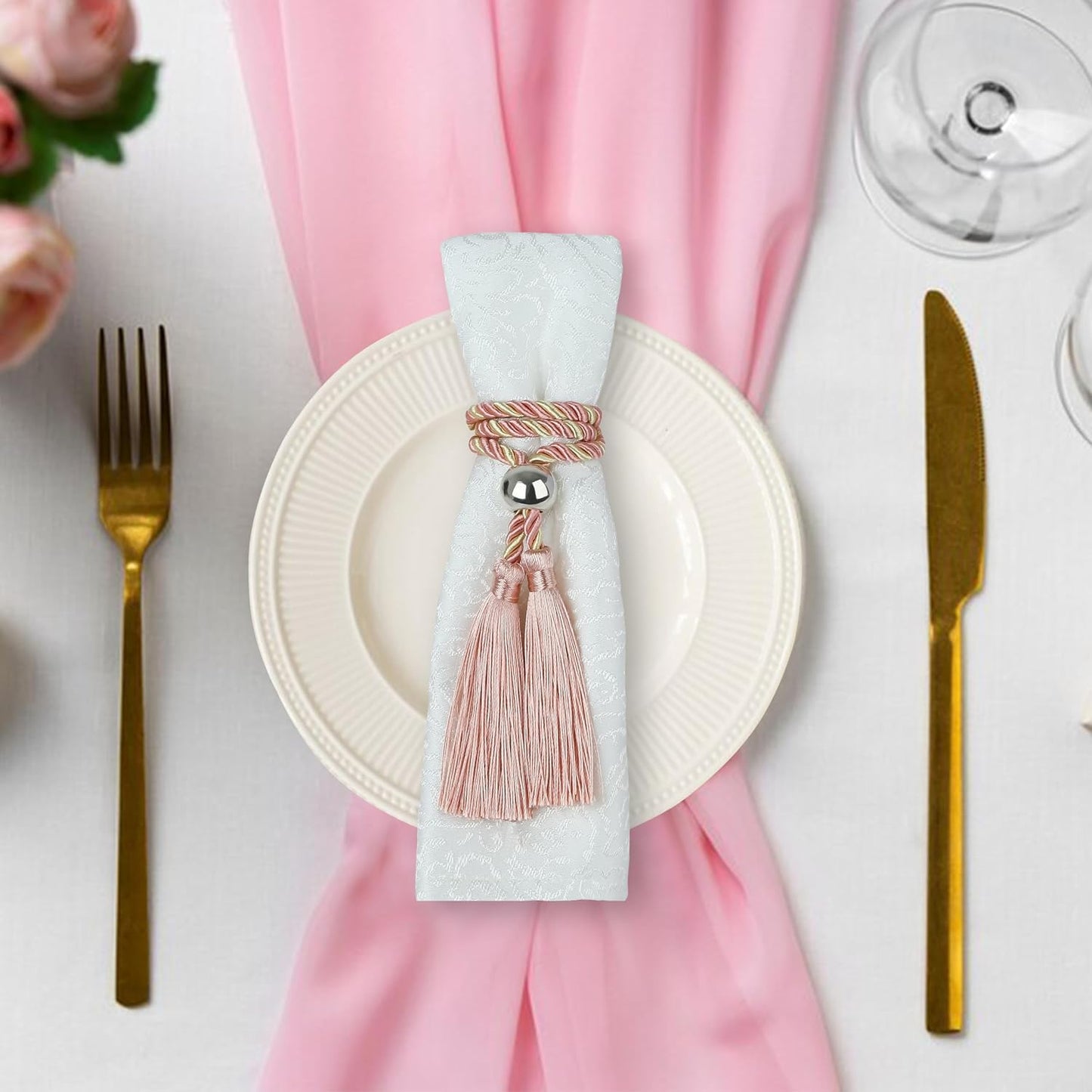BEL AVENIR Napkin Rings with Polyester Rope Tassels, Napkin Ring Holder with Metal Bead Trim for Dining Table, Wedding, Dinner, Party, DIY Decoration, Set of 6 (6, Rubber Pink)
