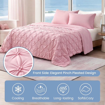 Amélie Home Elegant Pintuck Cooling Comforter, King Size, Cooling Blanket for Hot Sleepers, Lightweight Summer Bedding with Q-Max 0.45 Cooling Fabric, Breathable Cold Blanket, 106x90 Inches, Pink