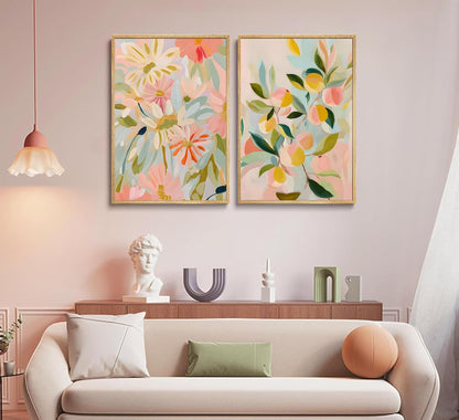 2pcs Abstract Floral And Fruit Canvas Wall Art Peach and Wildflowers Posters Prints Soft Bohemian style Pictures Wall Decor Artwork for Living Room Bedroom Unframed
