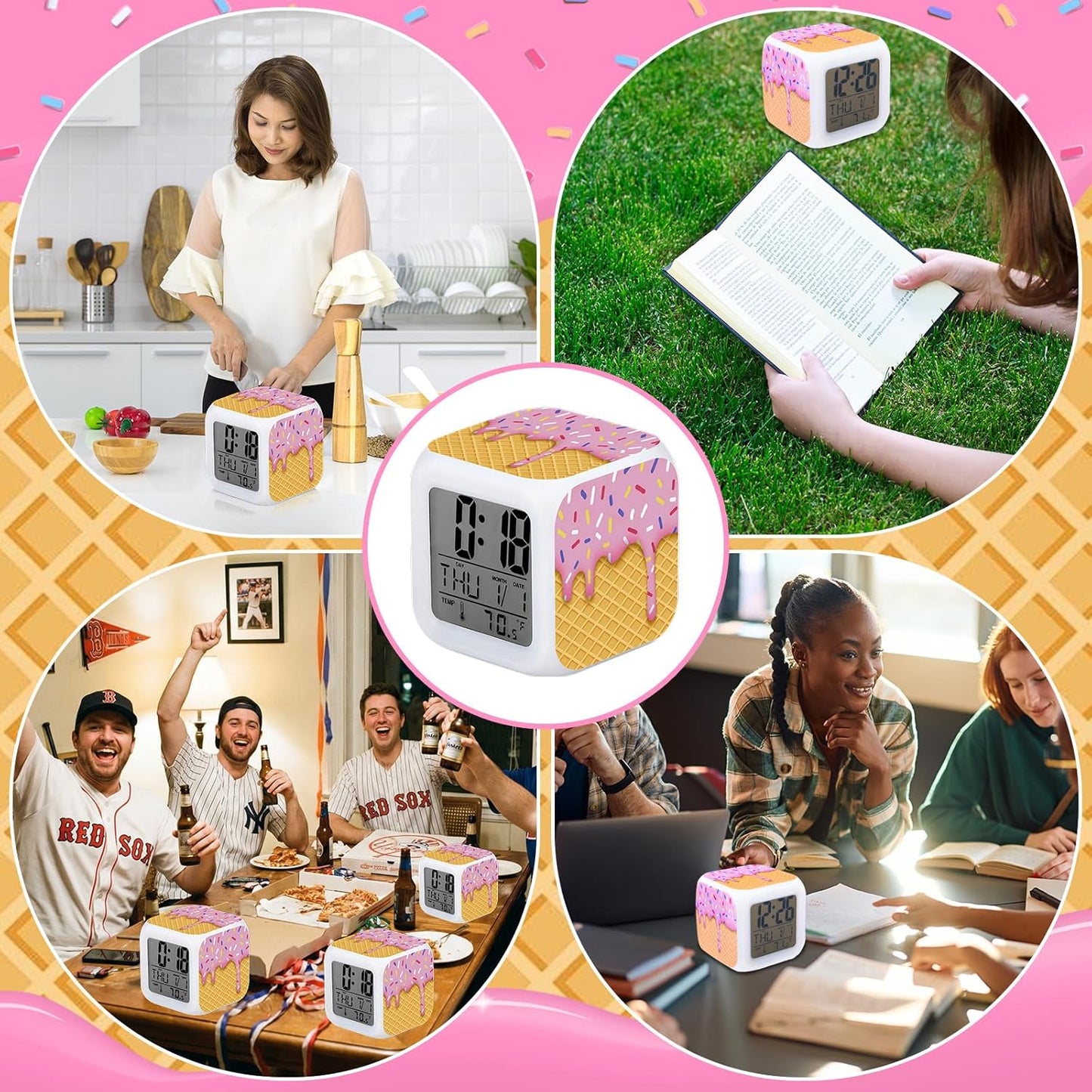 MTLEE Baseball Ice Cream Alarm Clock 7 Color Changing LED Nightlight Wake up Clocks with Temperature Date Display Ice Cream Drip Digital Desk Table Clock for Baseball Lovers Birthday Gift(Pink)