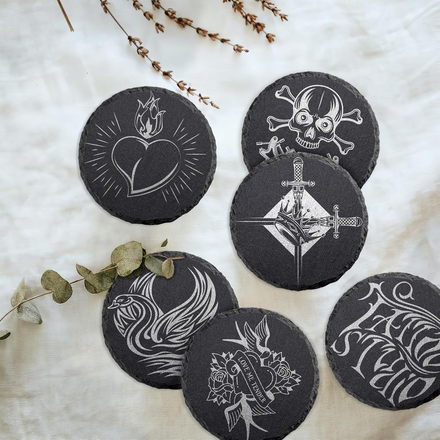 4 PCS Round Slate Drink Coasters Set, SIJDIEE 4 Inch Laser Engraving Black Slate Stone Coasters with Anti-Scratch Bottom and Coaster Holder for Office Bar Kitchen Home Dinner Table Decor Supplies