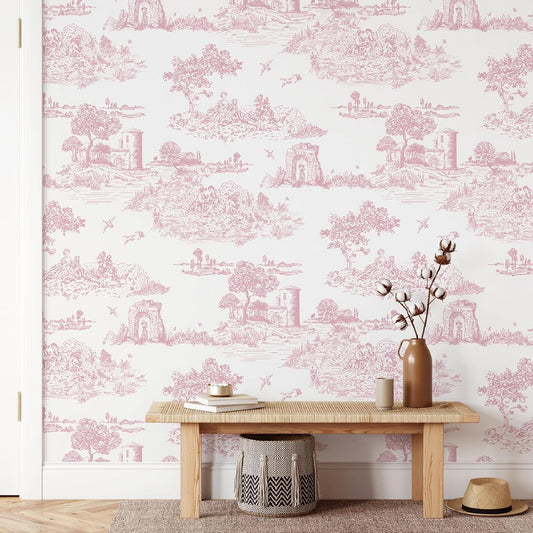 WENMER Pink Toile Peel & Stick Wallpaper for Bedroom, Self-Adhesive White and Pink Vintage French Country Wallpaper for Girls Room, Toile Contact Paper for Cabinet 17.7" X 118"