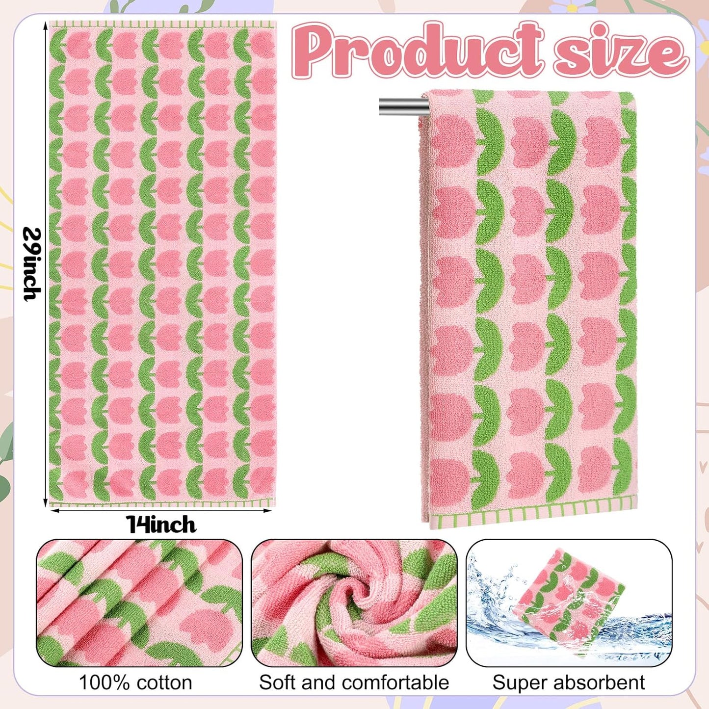 HunnmingRe 2 Pcs Tulip Hand Towels for Bathroom Pink Tulip 100% Cotton Decorative Bath Towel Set Soft Absorbent Floral Kitchen Cloths for Spring Bathroom Kitchen Housewarming Gifts, 14 x 29 Inch