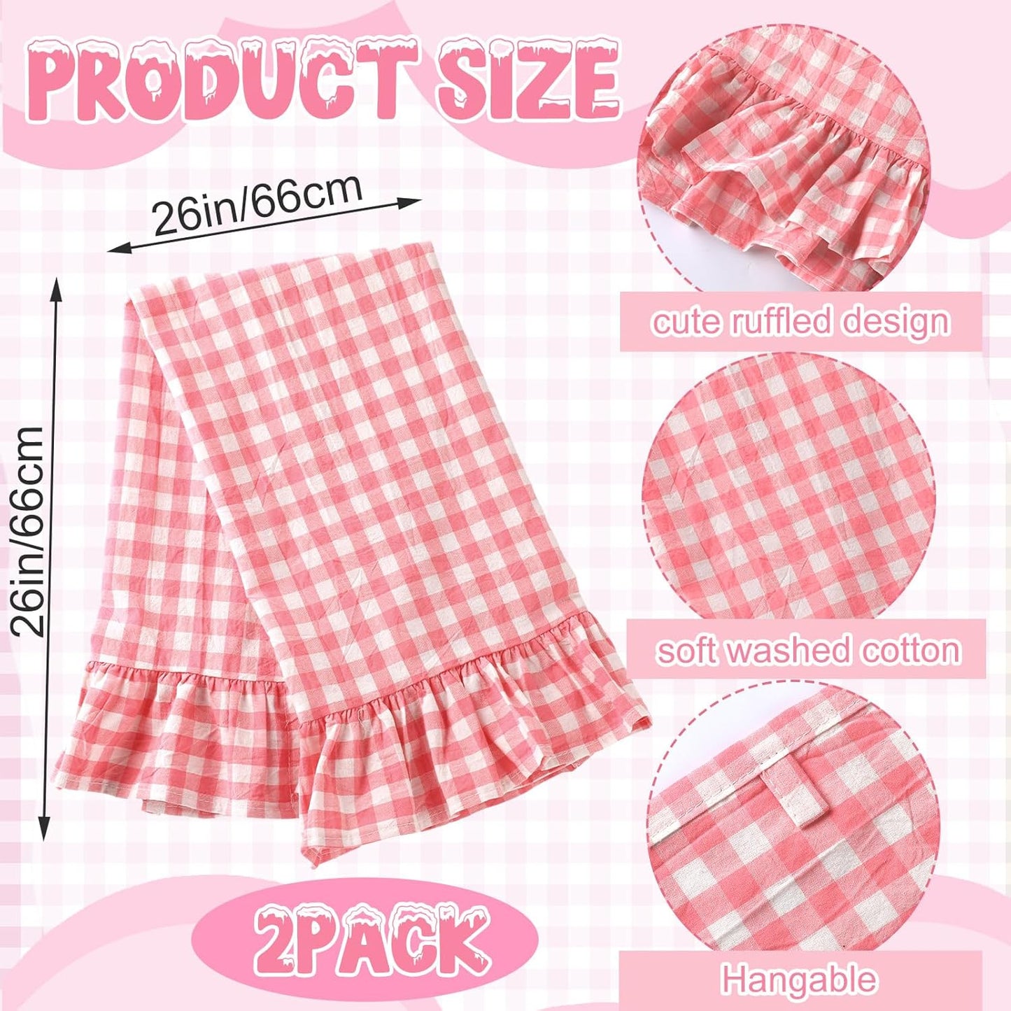 HunnmingRe Watermelon Pink Kitchen Towels Set of 2, 100% Cotton Ruffled Gingham Dish Towels 18"x28" Tea Cloths Classic Plaid Pattern for Farmhouse Charm, Drying Dishes, Entertaining Guests