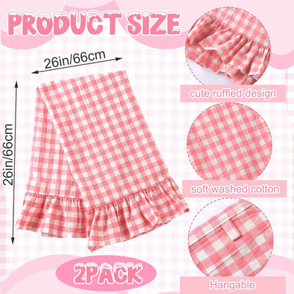 HunnmingRe Watermelon Pink Kitchen Towels Set of 2, 100% Cotton Ruffled Gingham Dish Towels 18"x28" Tea Cloths Classic Plaid Pattern for Farmhouse Charm, Drying Dishes, Entertaining Guests