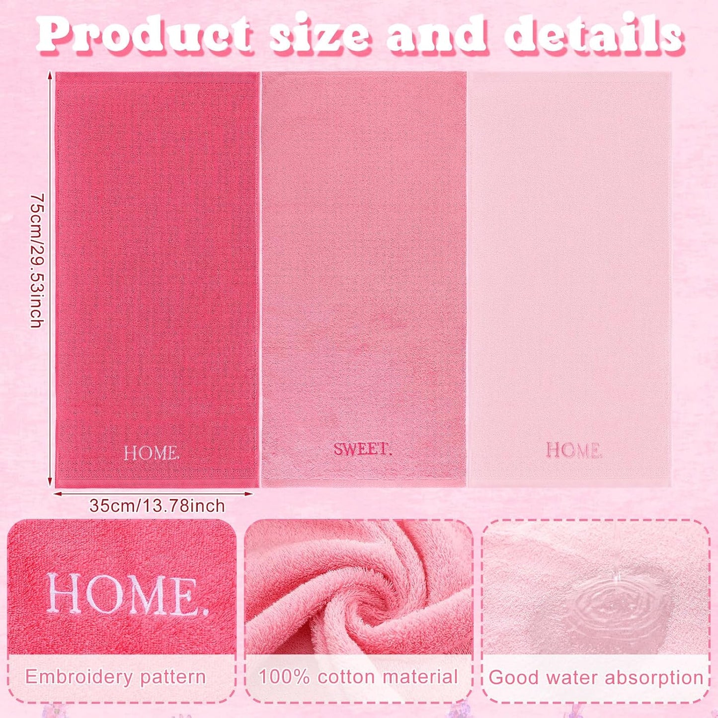 FuWeave 3 Pcs Farmhouse Decorative Hand Towels for Bathroom and Kitchen Rustic Embroidered Cotton Hand Towels Decorative Set for Boho Bathroom Decor(Pink,Home Sweet Home)
