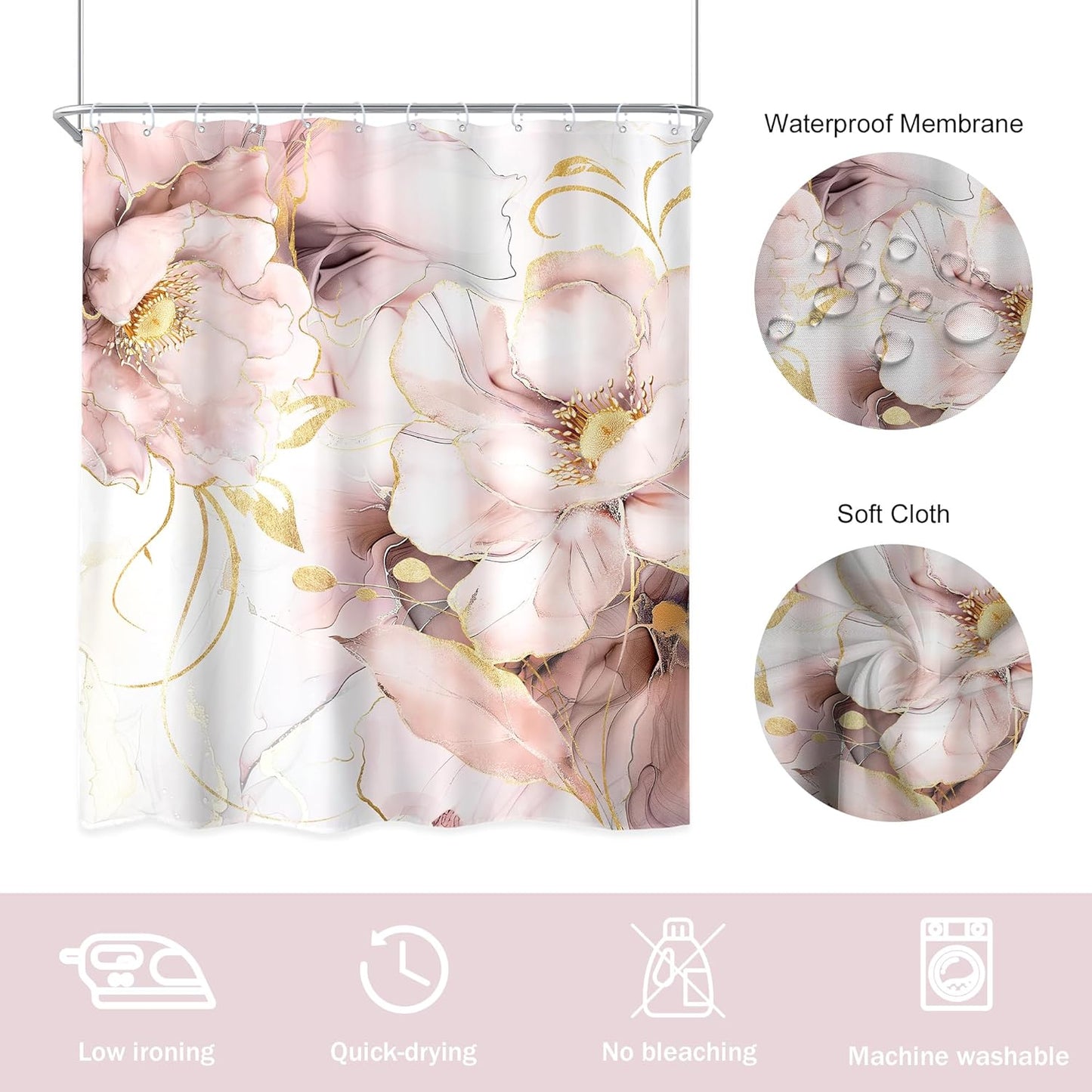 Newsely Marble Shower Curtain 60Wx72L Inch Pink Gold Ombre Abstract Floral Flower Luxury Modern Ink Texture Minimalist Bathroom Set Elegant Girls Waterproof Bath Decoration Accessories Home Decor