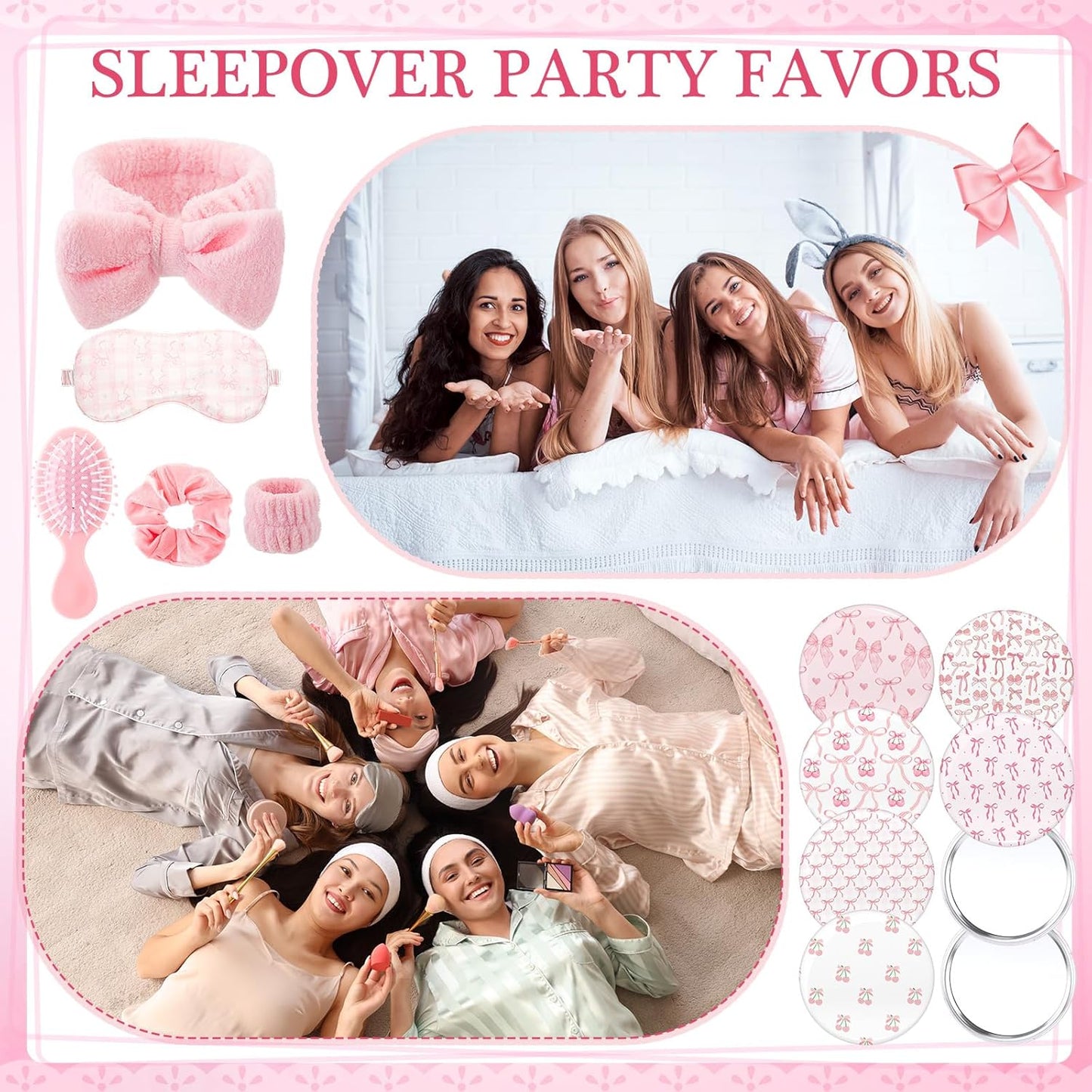 Honeydak 56 Pcs Pink Spa Sleepover Party Supplies Include Sleep Eye Mask Wristband Scrunchie Spa Headband with Coquette Bow Mirror Hair Comb Gift Bags for Women Girls Slumber Birthday Party Favors