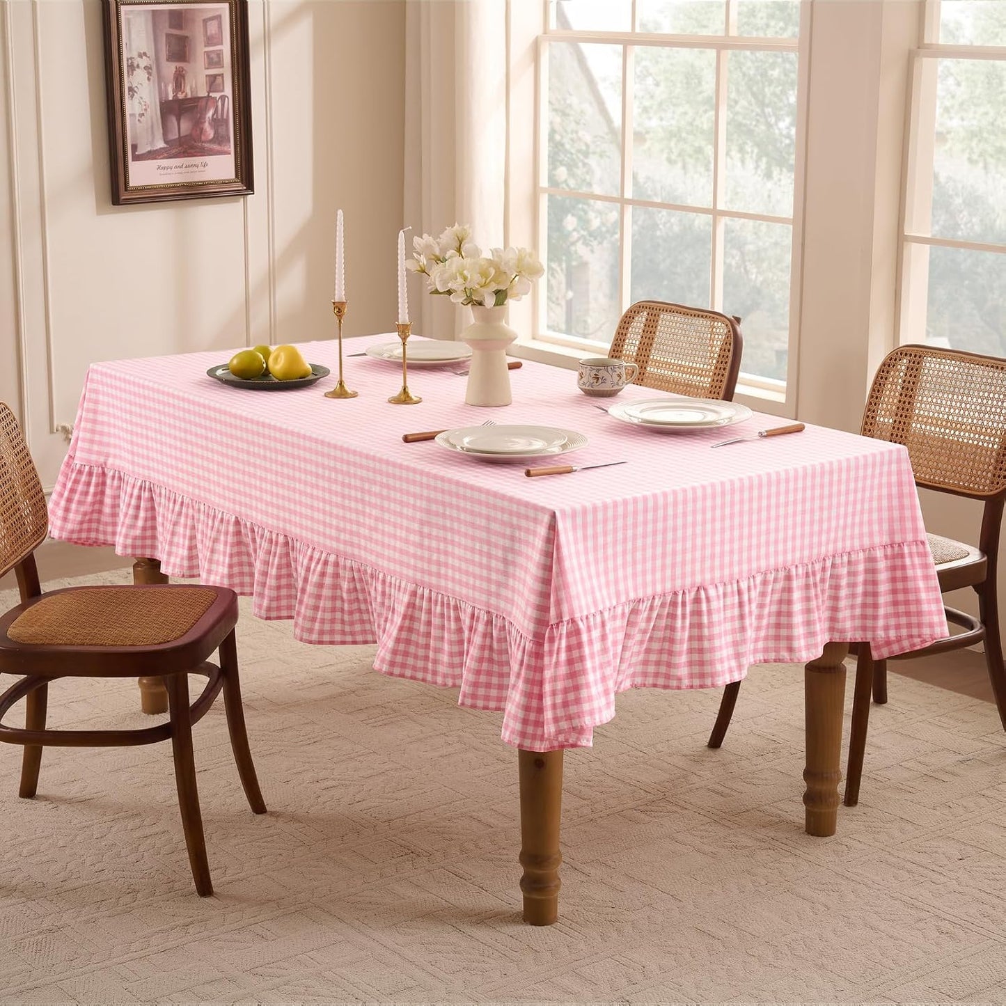 Romanstile Gingham Ruffled Tablecloth Rectangle - Waterproof Linen Cotton Checkered Table Cloth, Outdoor Plaid Table Cover for Picnic, Camping, Party - 60 x 84 Inch, Pink