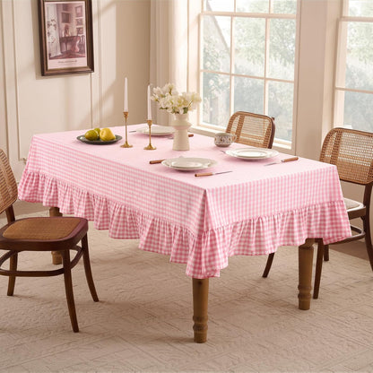 Romanstile Gingham Ruffled Tablecloth Rectangle - Waterproof Linen Cotton Checkered Table Cloth, Outdoor Plaid Table Cover for Picnic, Camping, Party - 60 x 84 Inch, Pink