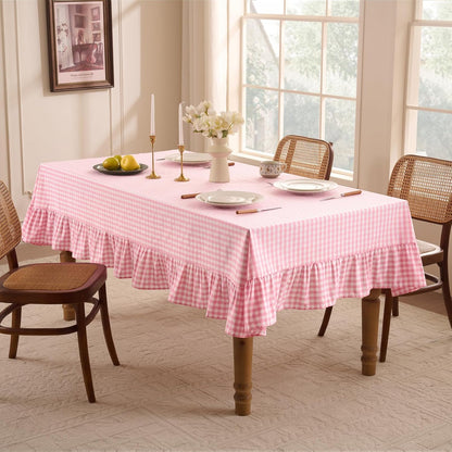 Romanstile Gingham Ruffled Tablecloth Rectangle - Waterproof Linen Cotton Checkered Table Cloth, Outdoor Plaid Table Cover for Picnic, Camping, Party - 60 x 120 Inch, Pink