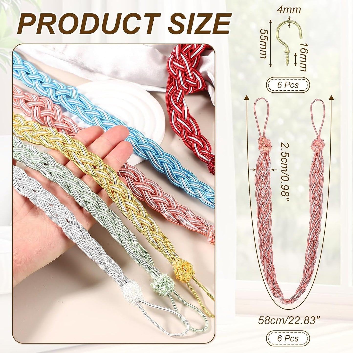 PATIKIL 23inch Curtain Tiebacks, 6 Pack Curtain Tie Backs Handmade Braided Drapery Tiebacks Lovely Cute Versatile Holdback Rope with Hook for Curtains Drapes Wall Window, Pink