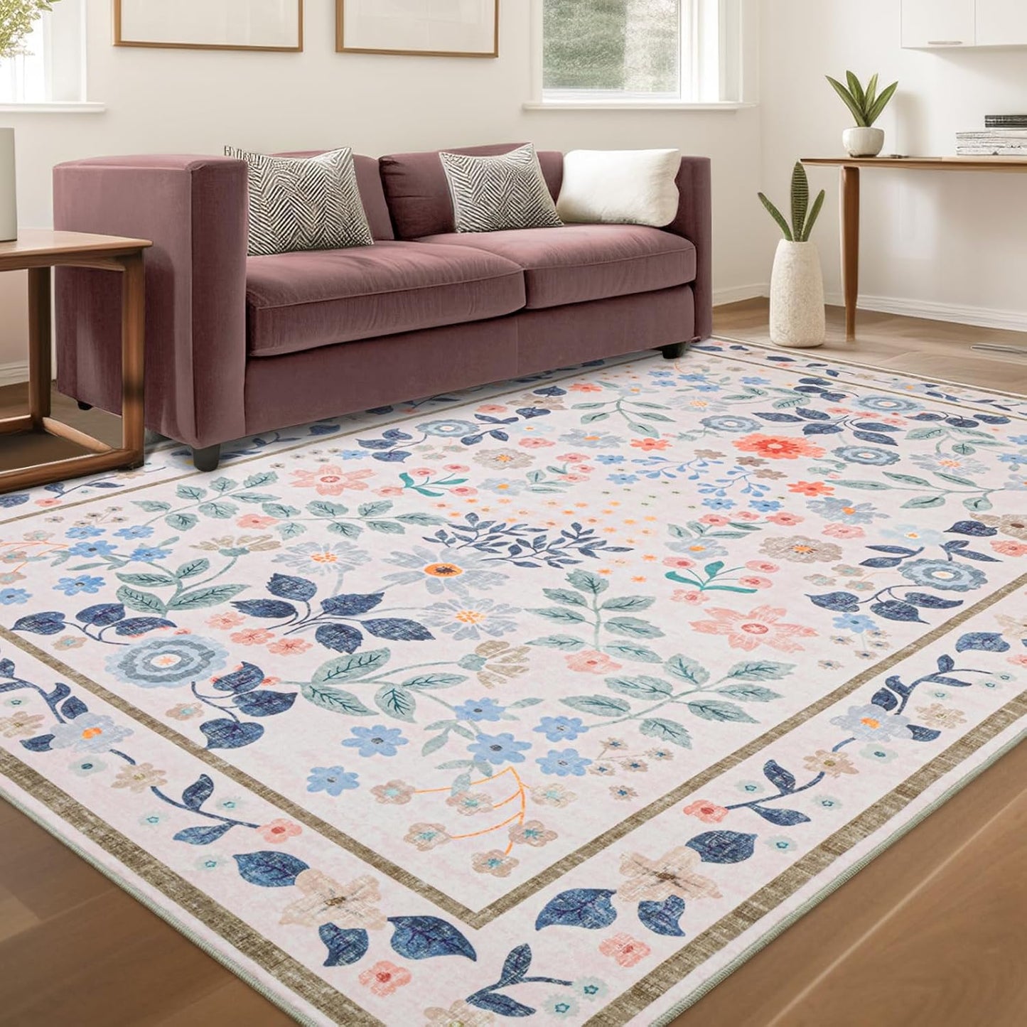 YIHOUSE 5x7 Pink Area Rug, Washable Bedroom Rug Floral Non Slip Soft, Small Colorful Throw Carpet for Nursery Dorm Kids Room Playroom Girls Room Pink,5'x7'