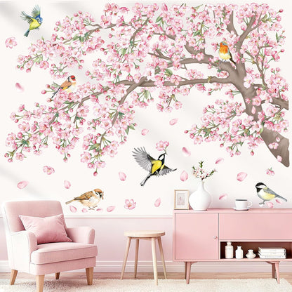 decalmile Large Cherry Blossom Tree Branch Wall Stickers Pink Floral Birds Wall Decals Baby Nursery Bedroom Living Room Home Decor