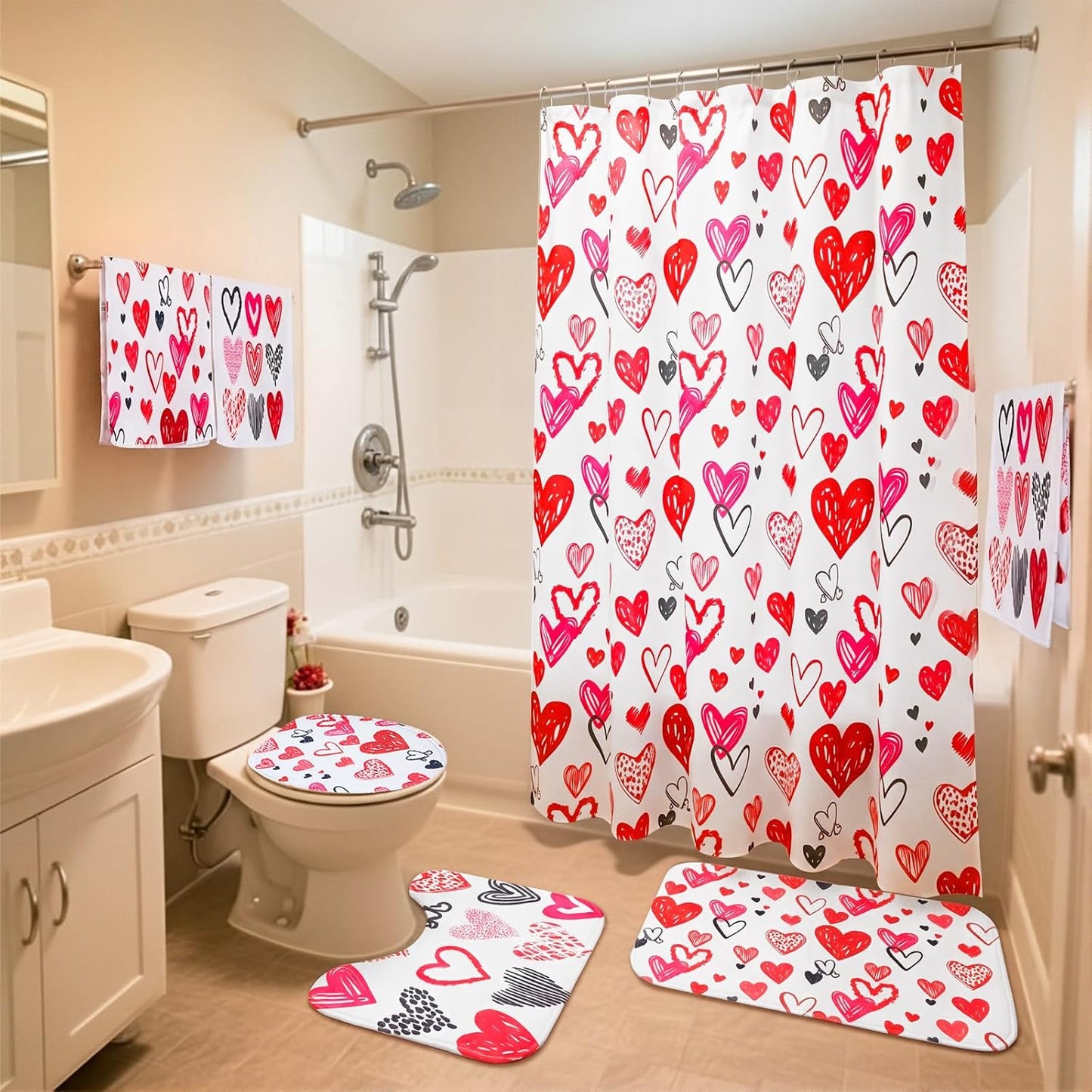 Gilprop 6 Pcs Valentine's Day Shower Curtain Set Valentines Bathroom Decor with Toilet Lid Cover, U-shaped Mat, Bath Mat, 2 Towels, Red and Pink Valentines Shower Curtains with 12 Hooks for Home Decor