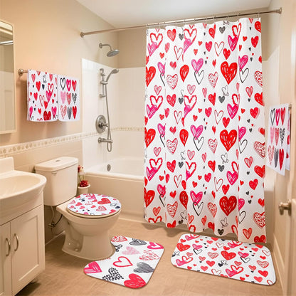 Gilprop 6 Pcs Valentine's Day Shower Curtain Set Valentines Bathroom Decor with Toilet Lid Cover, U-shaped Mat, Bath Mat, 2 Towels, Red and Pink Valentines Shower Curtains with 12 Hooks for Home Decor