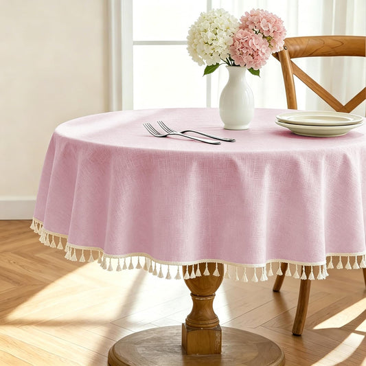 Alsoo Pink Tablecloth Round Table 55" x 55" Linen Look Texture Cotton Tablecloth Waterproof Wrinkle Free Heavy Duty Tables Cover with Tassel for Kitchen Dining Holiday Party