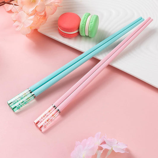 5 Pairs Fiberglass Chopsticks - Amber Cherry Blossom Pattern, Multicolor - Japanese & Korean Chopsticks - Reusable, Dishwasher Safe - Yellow, Pink, Blue, Green, Purple