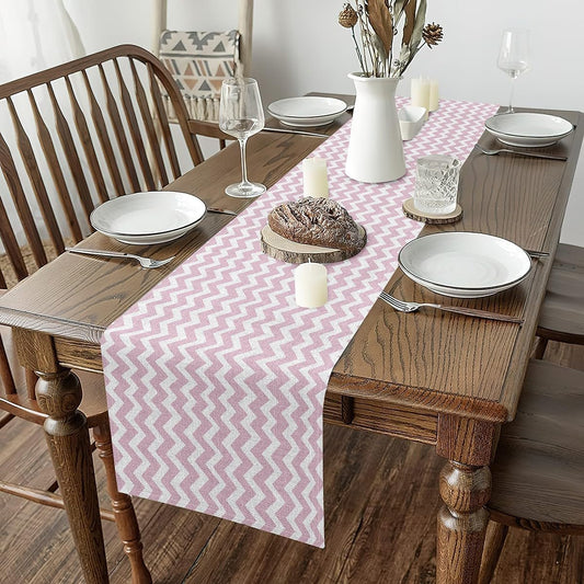 Feelyou Light Pink Geometric Stripes Table Runner Plaid Kitchen Dining Decoration for Home Party 13x60 Inch Light Pink Home Decor for Living Room Dresser Scarfs for Bedroom White Ocean Weave