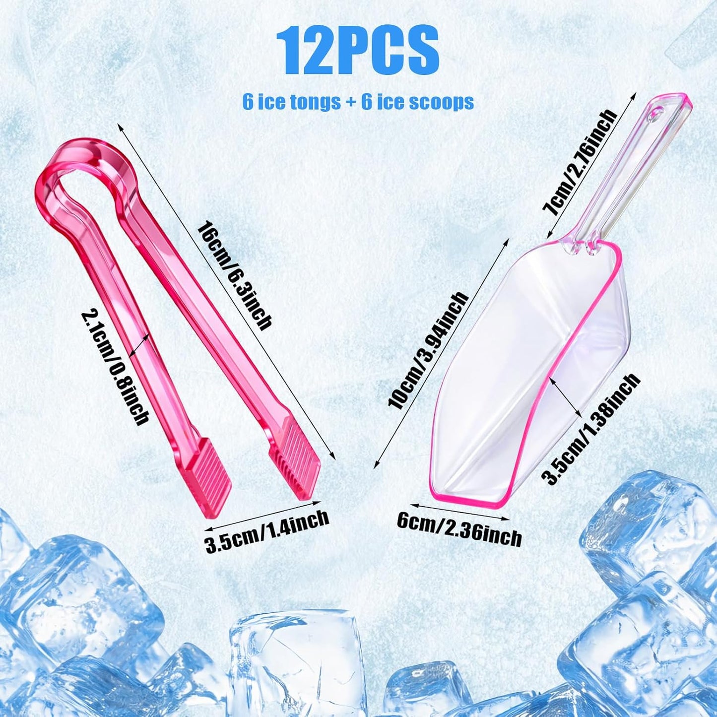 12 Pieces Plastic Ice Tongs and Scoops Mini Kitchen Tongs Utility Mini Buffet Scoop for Cocktail Whiskey Tea Party Candy Coffee and Buffet or Daily Use (pink)