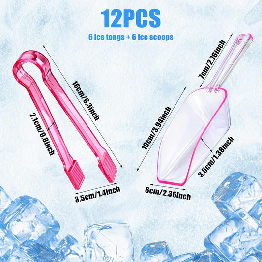 12 Pieces Plastic Ice Tongs and Scoops Mini Kitchen Tongs Utility Mini Buffet Scoop for Cocktail Whiskey Tea Party Candy Coffee and Buffet or Daily Use (pink)