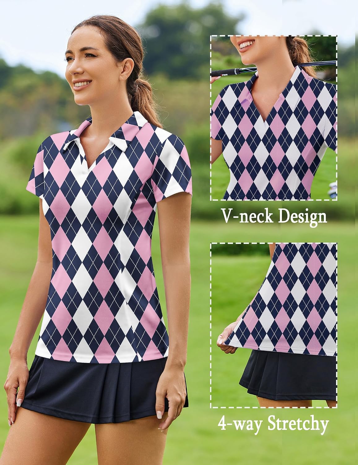 PINSPARK Womens Golf Shirt Short Sleeve Polo Shirts Quick Dry Tennis Tops V-Neck with Collar Pickleball Shirts Golf Outfits