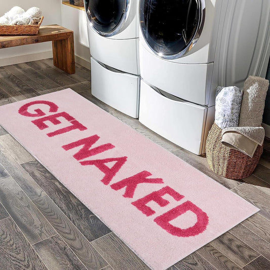 Pink Get Naked Bath Mat, Long Runner Mat for Bathroom, Cute Fun Simple Bath Rug, Water Absorbent Non-Slip Microfiber Mat, 18"x47"