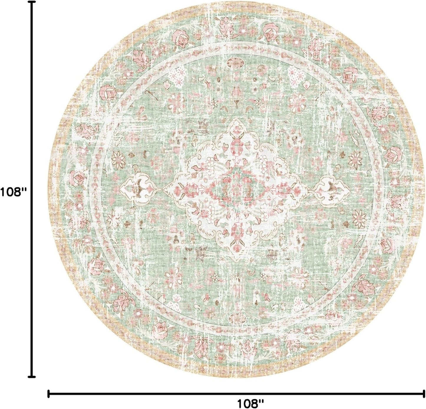 Vhong Boho Area Rugs Vintage Washable Modern Neutral Carpet Green and Pink 9×9 High Traffic Round Rugs for Dinning Room Living Room Bedroom Farmhouse Non Slip