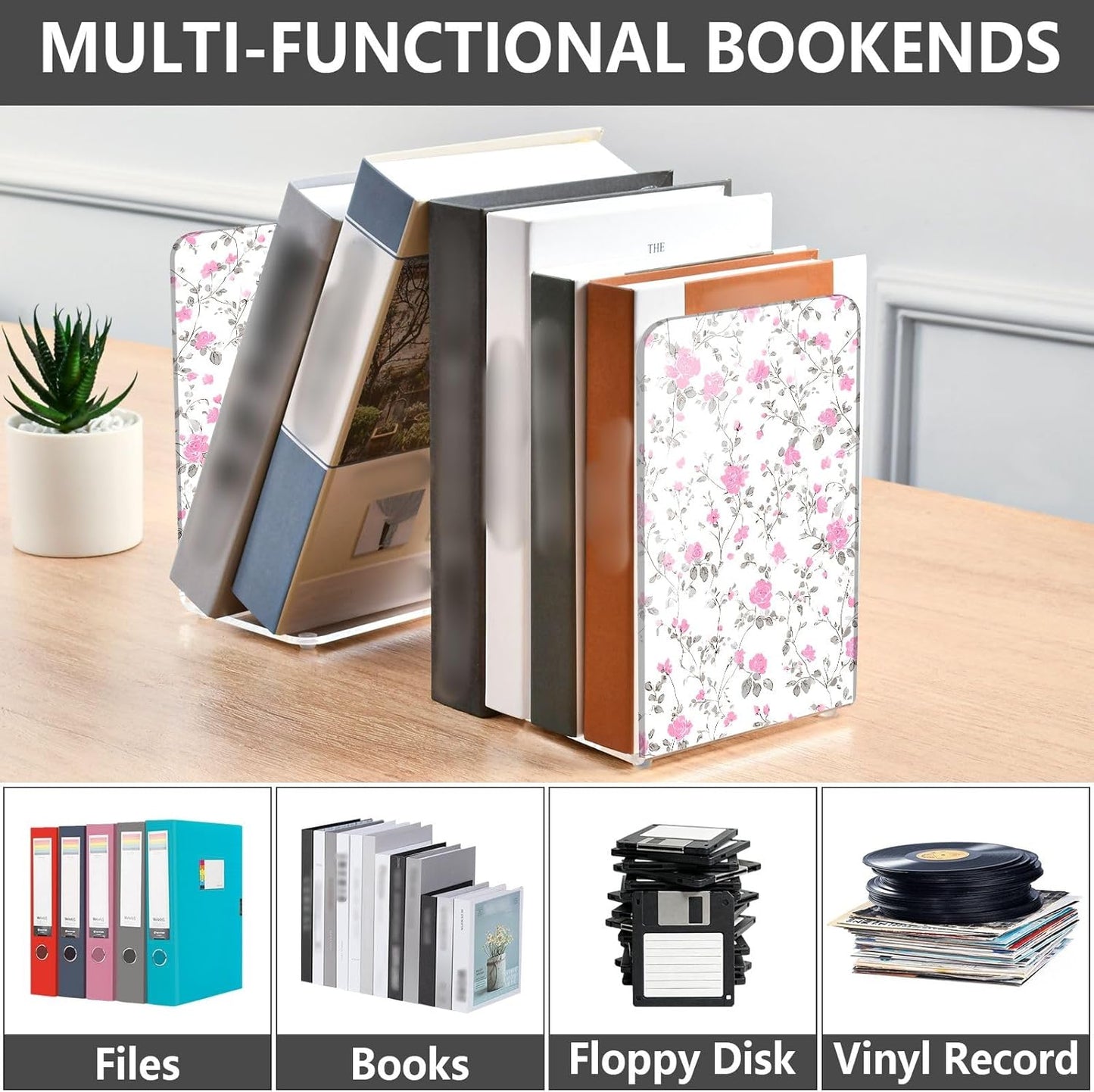 Light Pink Floral Small Bookends Book Ends for Shelves Heavy Books Stopper Decorative Acrylic Non-Slip 1 Pair