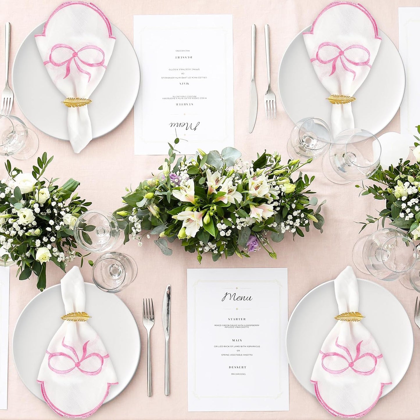 FYSUIMU 6 Packs Cloth Napkins Pink Embroidered Bow Napkin Scalloped Edge Reusable Washable Embroider Bowknot Table Napkins for Mother's Day Wedding Bridal Baby Shower Party Housewarming Gifts