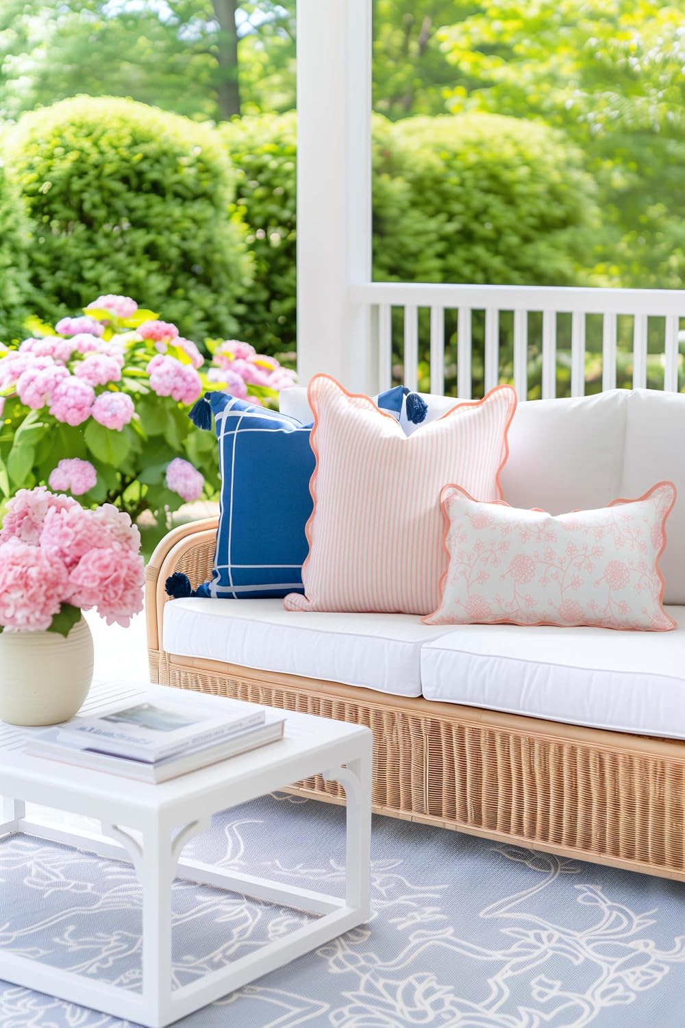 Hofdeco Premium Coastal Patio Indoor Outdoor Scalloped Throw Pillow Cover Only, 20"x20" Water Repellent for Backyard, Couch, Blush Pink Print Stripes