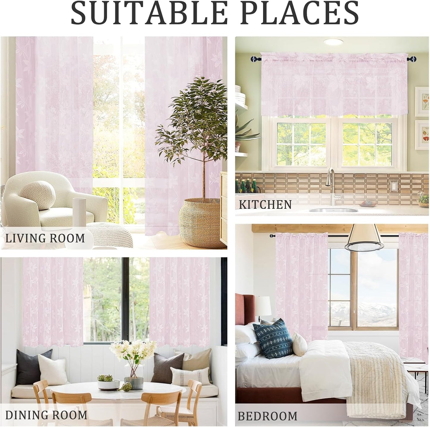 DWCN 2 Pack White Floral Lace Valances for Kitchen - Rod Pocket Half Window Sheer Curtains for Small Window Living Room Cafe, 42 x 18 inch, Sakura Pink