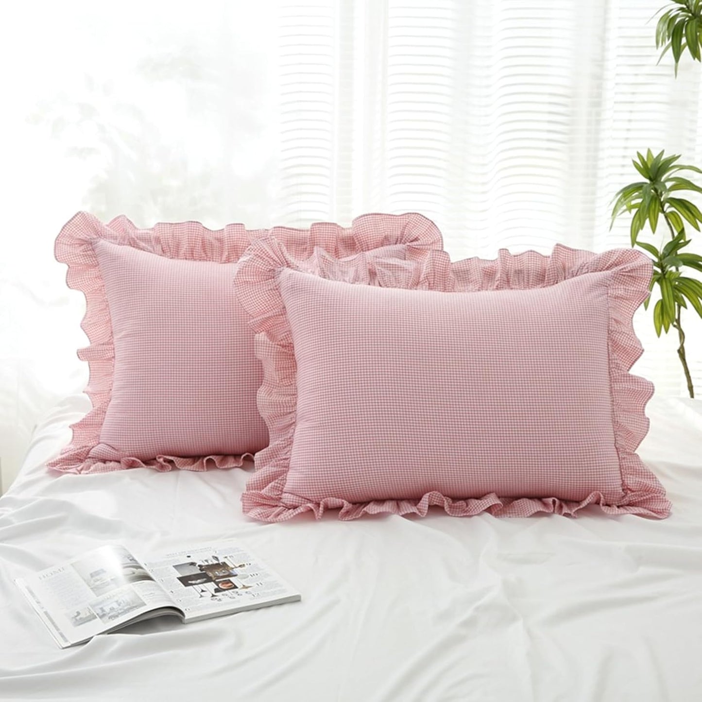 Gingham Pillow Shams 20x26, Pink White, Ruffle Trim, Set of 2 | 100% washed cotton | Standard size pillow covers | Vintage farmhouse plaid | Envelope closure | Inserts not included