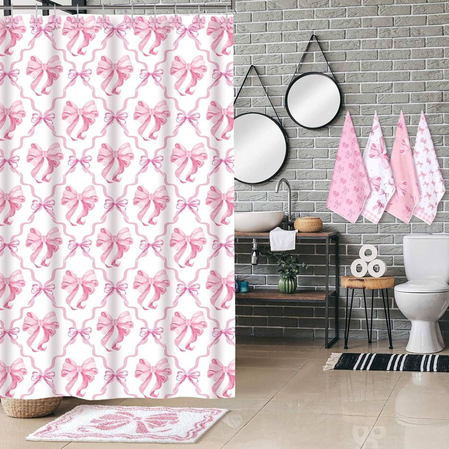 Fourluoo 18 Pcs Pink Bow Shower Curtain Set with 12 Decorative Shower Curtain Hooks Pink Bow Knot Bathroom Towels Coquette Non Slip Absorbent Microfiber Rug for Christmas Modern Aesthetic Bathroom