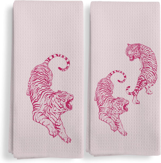 Preppy Pink Tiger Kitchen Towels, Coquette Trendy Tigers Kitchen Towels Decorative Set of 2, Preppy Room Decor, Tiger Decor, Retro Western Tiger Hand Dish Tea Towels for College Dorm 16X24In