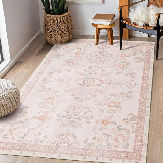 MUJOO 3x5 Rug Washable,Pink Floral Area Rugs for Bedroom Bedside Entryway Living Room Kitchen,Boho Small Indoor Floor Rug Non Slip Throw Carpet Low Pile Vintage