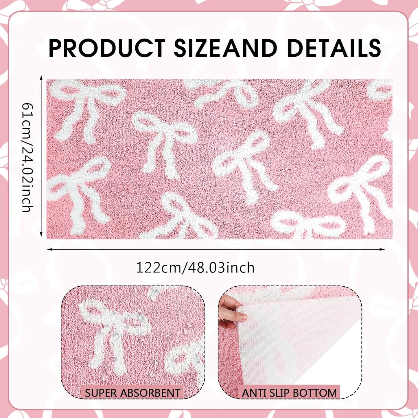 Tinideya Pink Bow Bathroom Rug 24 x 48 Inch Coquette Bath Mat Non Slip Absorbent Microfiber Floor Mat Machine Washable Cute Bow Rug for College Dorm Vanity Bedroom Bathroom Decor