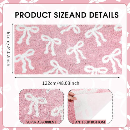 Tinideya Pink Bow Bathroom Rug 24 x 48 Inch Coquette Bath Mat Non Slip Absorbent Microfiber Floor Mat Machine Washable Cute Bow Rug for College Dorm Vanity Bedroom Bathroom Decor