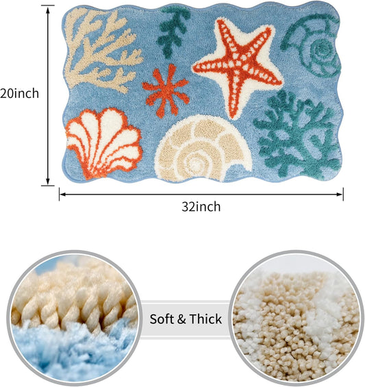 Summer Beach Bathroom Rug 20x32Inch, 3D Textured Starfish Shell Scalloped Bath Mat, Soft Microfiber Absorbent Non-Slip High-Low Pile Washable Bath Rug for Bathroom, Kitchen, Entryway