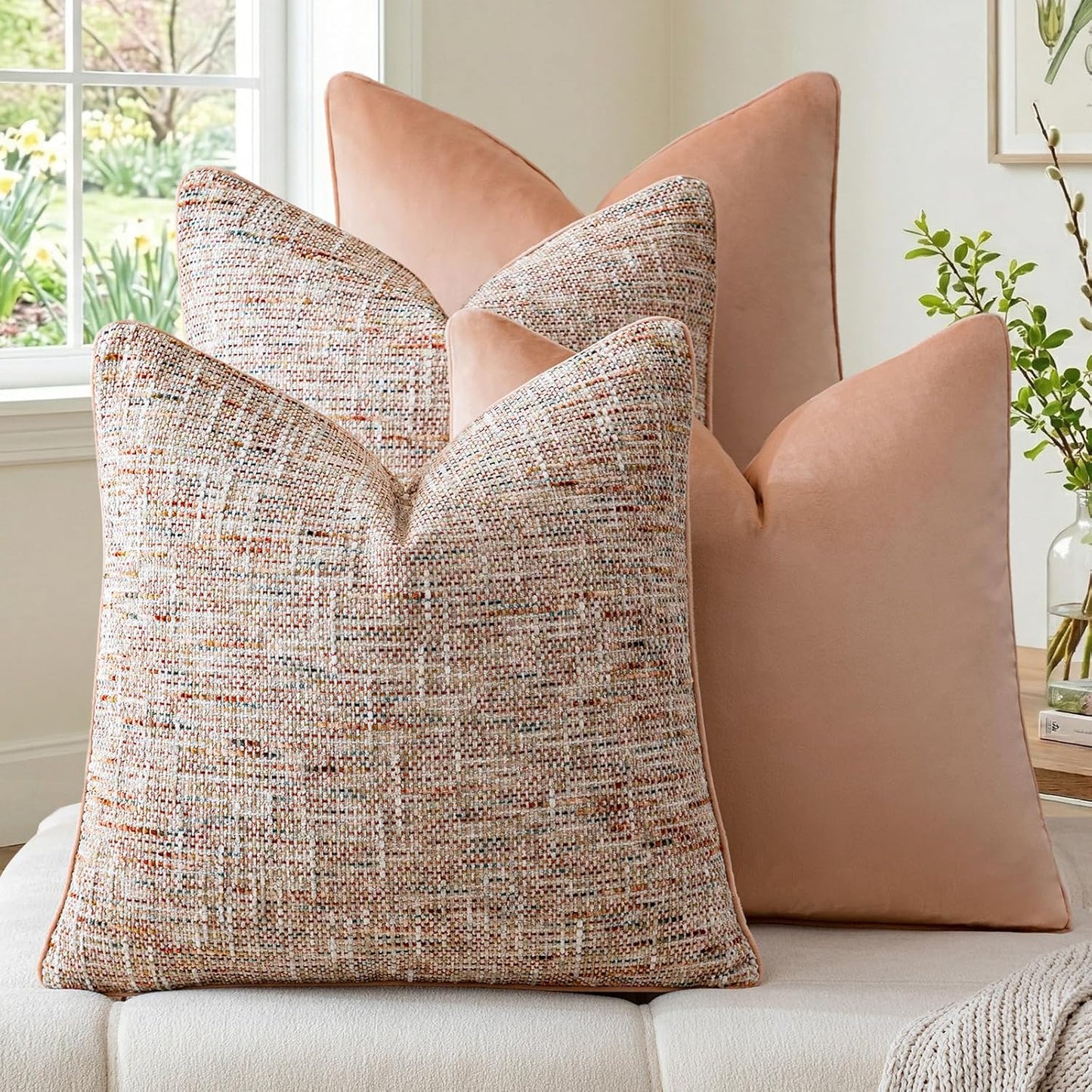 a moment Light Pink 4 Pack Throw Pillow Covers - Chenille & Velvet Set with Piping, Farmhouse Textured Design Pillow Cases for Couch Sofa Bed Livingroom (18x18 Inch, No Insert)