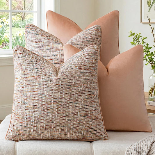 a moment Light Pink 4 Pack Throw Pillow Covers - Chenille & Velvet Set with Piping, Farmhouse Textured Design Pillow Cases for Couch Sofa Bed Livingroom (18x18 Inch, No Insert)