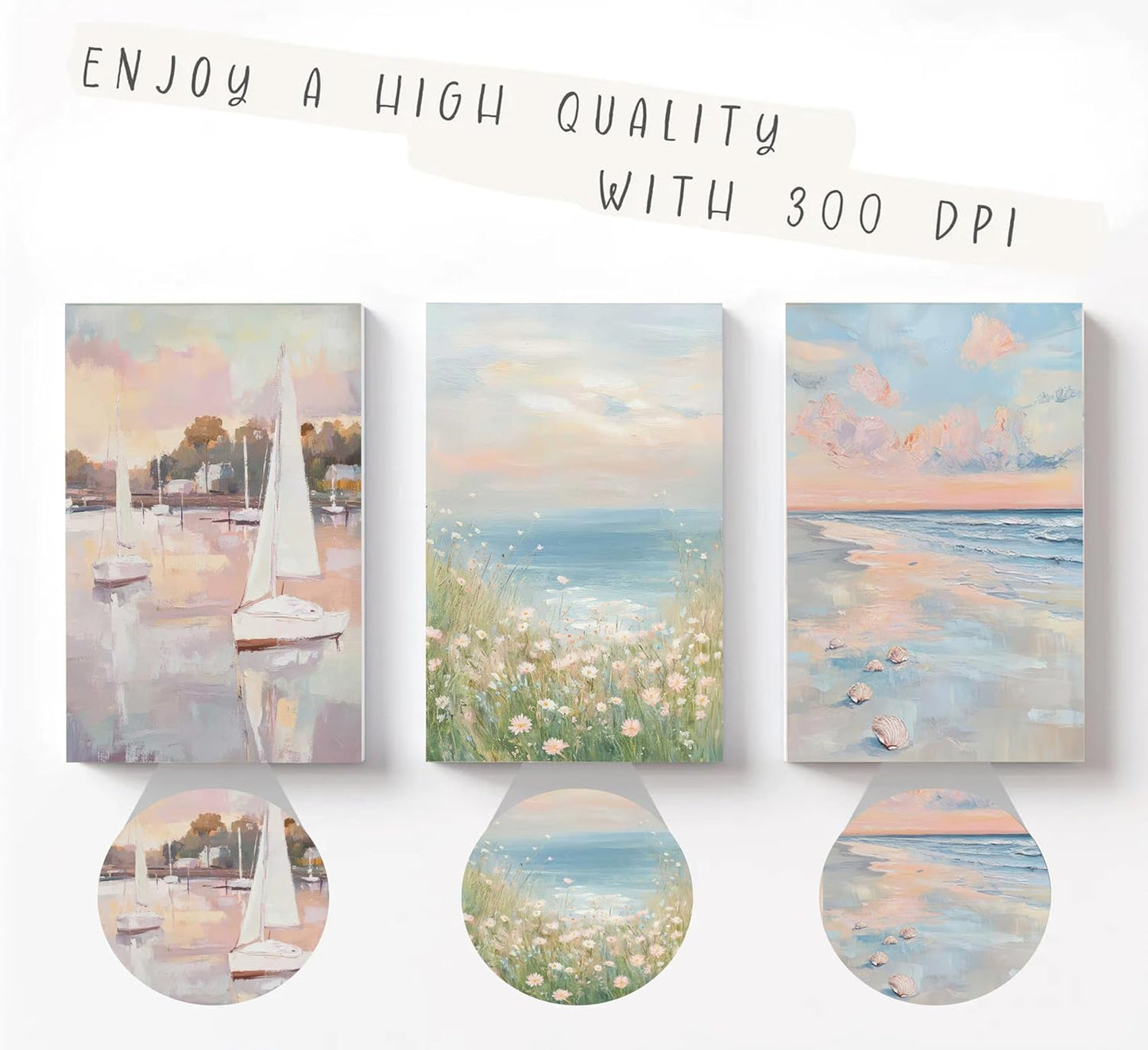 Luyeeteme Pink Coastal Beach Wall Art Set of 3, Unframed Preppy Coastal Posters for Room Aesthetic, Pastel Wildflower Ocean Landscape Prints, Summer Beach Pictures for Bedroom Decor.12x16 inch