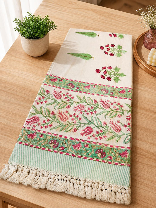 Nacharelist Linen Table Runner for Dining Table | Extra Wide Farmhouse Decorative Runner | Aesthetic Pink Floral Design with Border | Cotton Blend Kitchen & Coffee Table Runner for Indoor Outdoor Use
