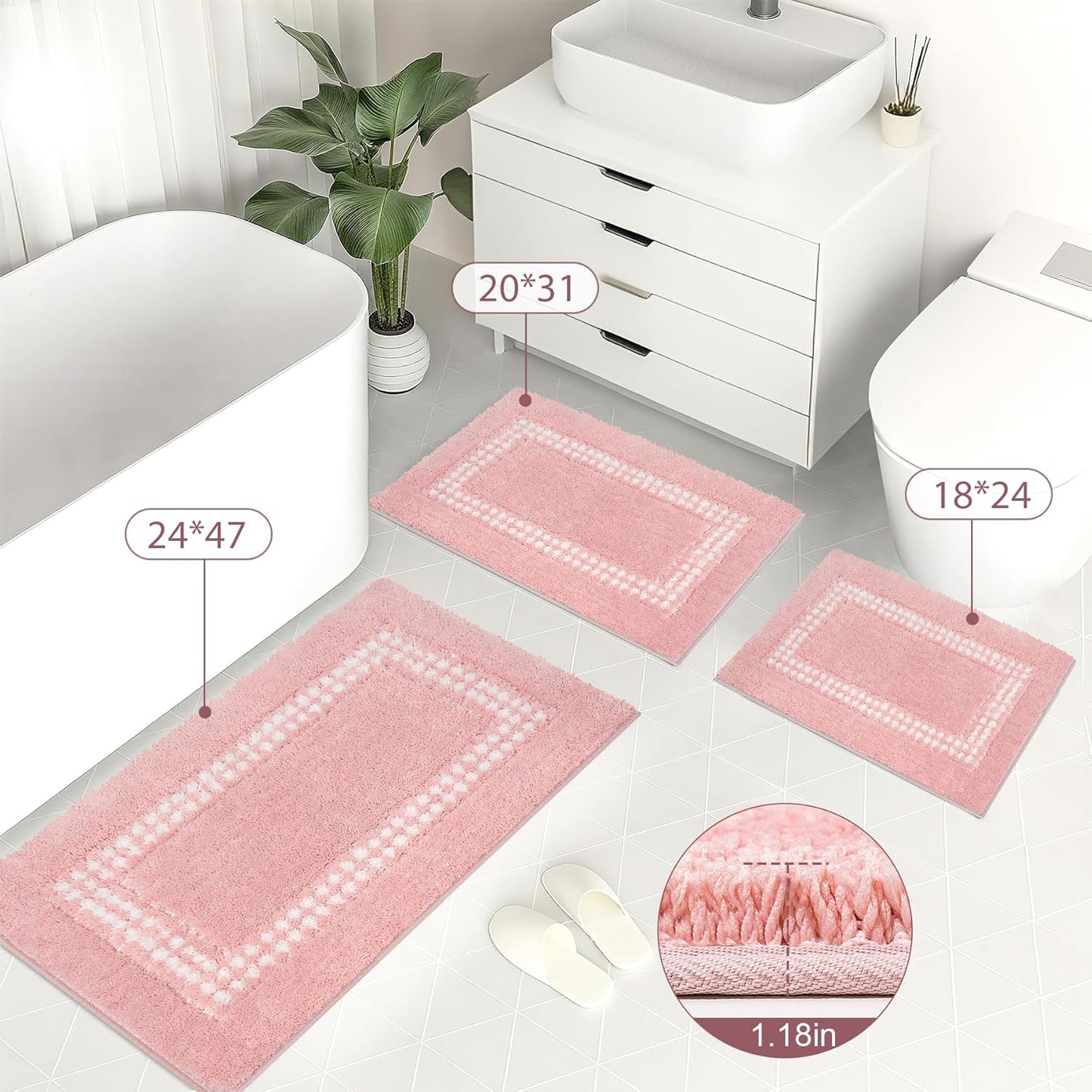 Pink Bathroom Rugs 20x31, Non Slip Washable Bath Mats,Super Soft Microfiber Bathroom Mats, Plush Fluffy Absorbent Bath Rugs for Sink Tub Basin Shower Floor